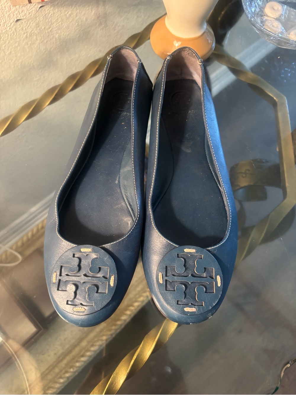 Tory Burch Blue-Green Leather Logo Ballet Flats